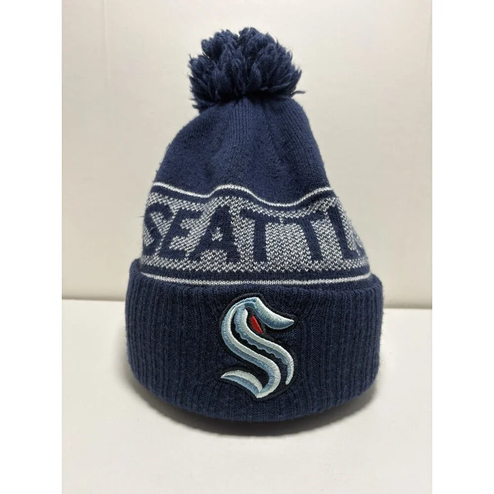Seattle Kraken Cuffed Knit Winter Beanie Hat Cap Pom Navy Blue NHL Hockey